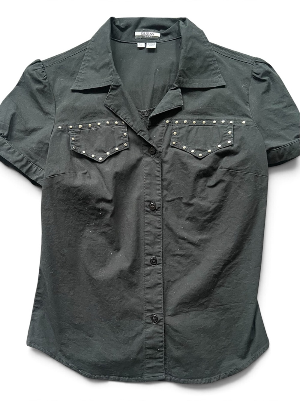 Guess Black Embellished Button Down Shirt Notched Collar Rockabilly Goth